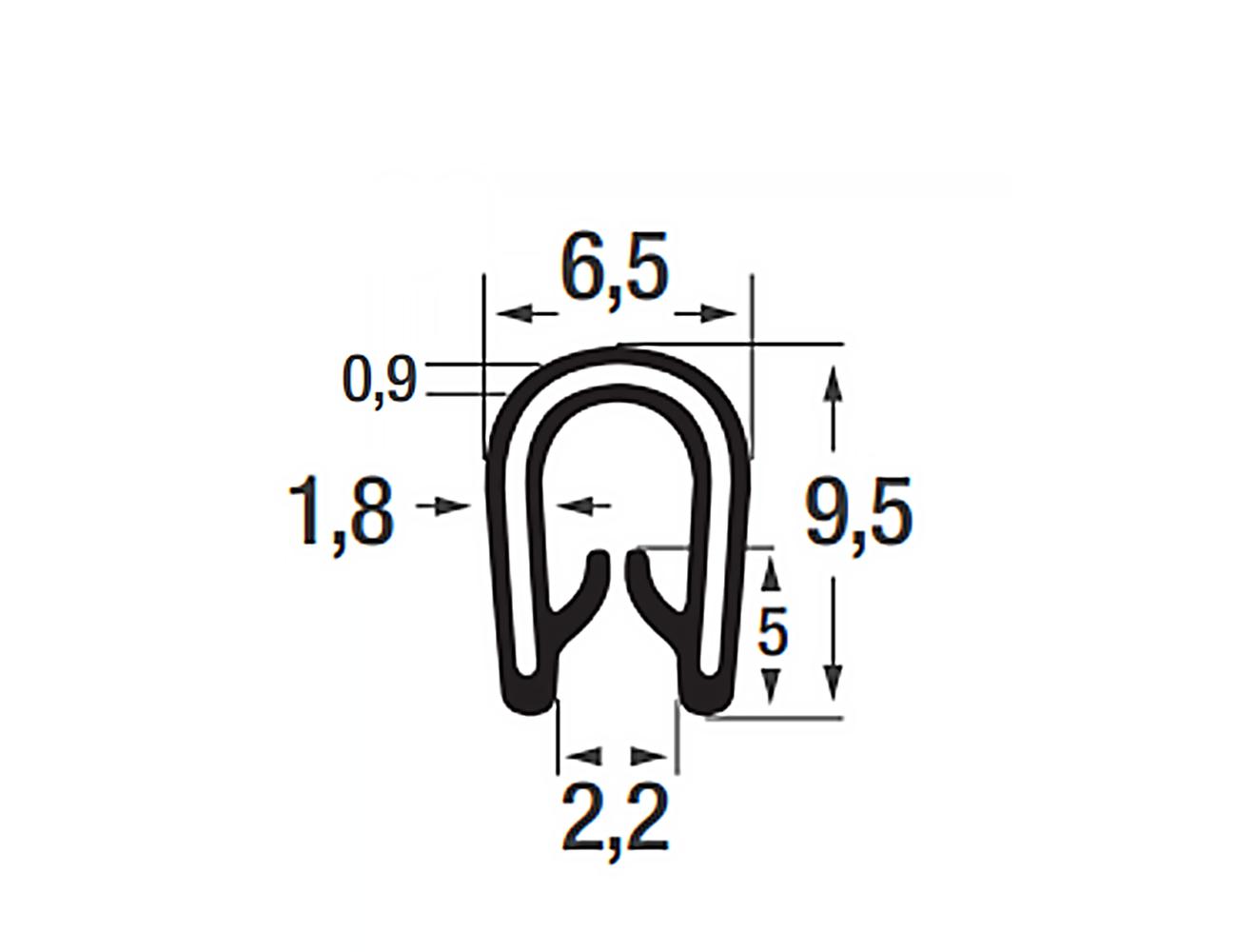 Kantenschutzprofil 9,5x6,5mm - PVC mit POM Klemmband - Klemmbereich 1-2mm